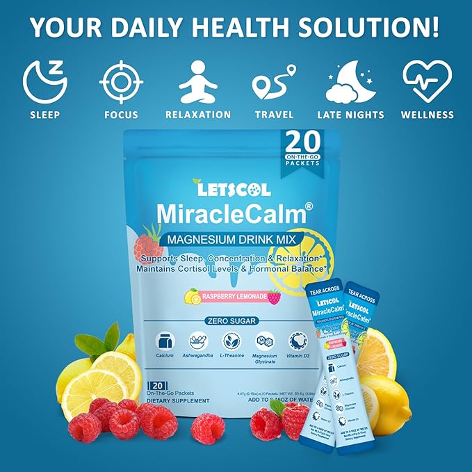 MiracleCalm Drink Mix Powder, Calm Magnesium Calcium Supplement, Cortisol Drink Powdered for Sleep, Relaxed & Focus with Easily Absorbed L-Theanine, Vitamin D3, Ashwagandha, Sugar Free (20 Packs)
