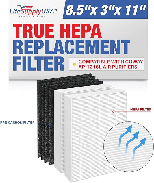 LifeSupplyUSA Complete Replacement Filter Set (2 True HEPA Air Cleaner Replacement Filter + 4 Carbon Filters) Compatible with Coway AP-1216L Air Purifiers