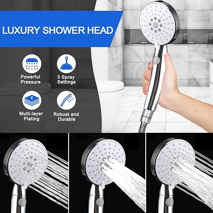 10 Inch Shower Head Combo, High Pressure Rainfall Shower Head with 4 Settings Handheld Spray and 11 Inch Brass Adjustable Extension Arm, 78'' Anti-leak Shower Hose, Chrome