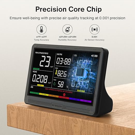 16 in 1 Air Quality Monitor Indoor 7" Display 9 AQI+7 AQI Alerts Air Quality Meter for CO2, TVOC, PM2.5, PM1.0, PM10, HCHO, Temperature, Humidity, AQI & Time, Air Detector Air Quality Tester for Home