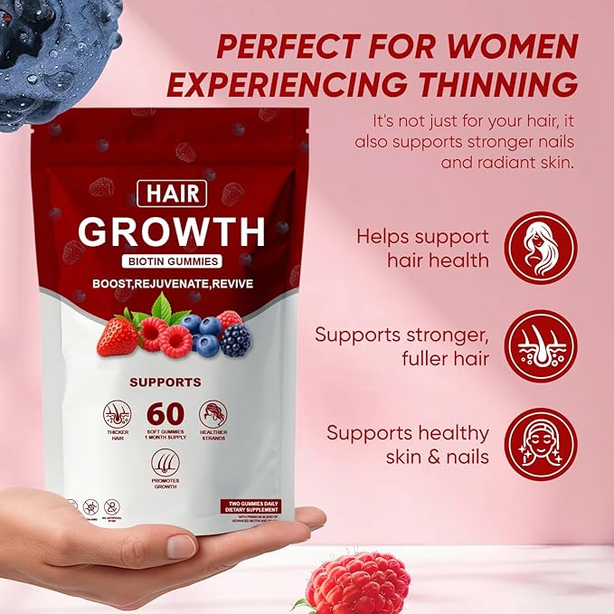Hair Growth Gummies, Biotin, Vitamins & Plant Extracts Infused, Supports Healthy Hair Growth & Strength, Skin & Nail Care, Non-GMO, 60 Soft Chews