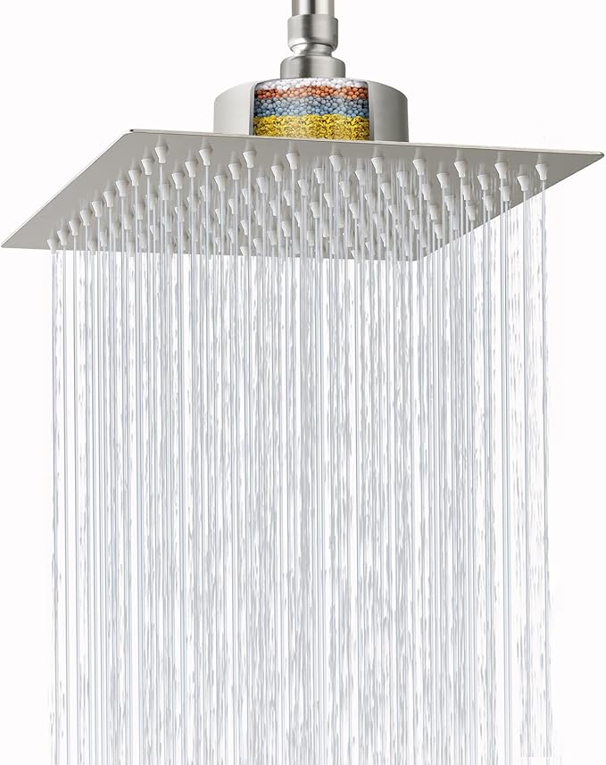 High Pressure Rain Shower Head with Filtered - 8" All Metal Square Showerhead Filter for Remove Chlorine and Harmful Substances, Brushed Nickel