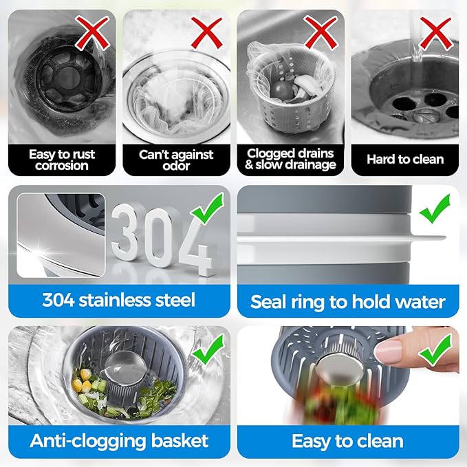 zaa 2 Pack 3 in1 Kitchen Sink Drain Strainer & Sink Stopper, Pop Up Stainless Steel Kitchen Drain Plug & Cover with Anti-Clogging Basket Strainer, Fit US Standard 3-1/2'' Drain Hole