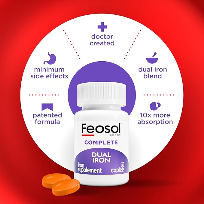 Feosol Complete Iron Supplement Caplets, Bifera Iron for High Absorption, Heme and Non-Heme Dual Action Minimizes Side Effects, 1 Per Day, Energy and Immune System Support, Pack of 2, Total 60 Count