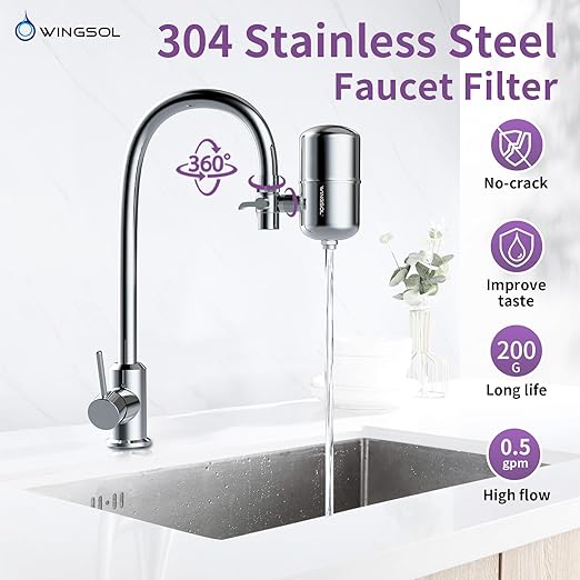 WINGSOL Stainless Steel Alkaline Water Filter for Sink Faucet, NSF/ANSI 42 & 53, Improve pH & Taste, Reduce Chlorine, Odor, Sediment & Microplastics, 360° Rotating Tap Purifier 200 Gallon