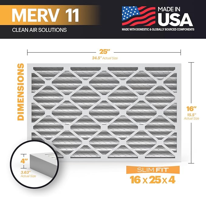 BNX TruFilter 16x25x4 (15.5’’ x 24.5’’ x 3.63‘’ Slim Fit) MERV 11 Air Filter 2-Pack - MADE IN USA - Air Conditioner Furnace Filters HVAC AC Furnace Filters for Allergy Dust, Pet, Mold, MPR 1200 FPR 7