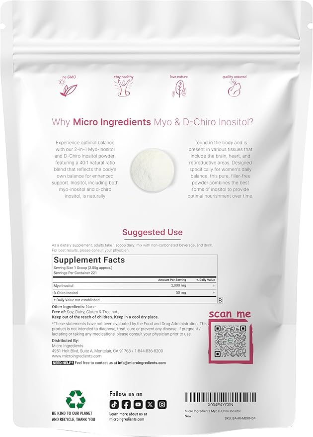 Micro Ingredients Myo-Inositol & D-Chiro Inositol Powder, 1lb (221 Servings) | 40:1 Ideal Ratio Inositol Supplement for Women | Supports Hormonal Balance & Ovarian Health | Non-GMO, Vegan, Filler-Free