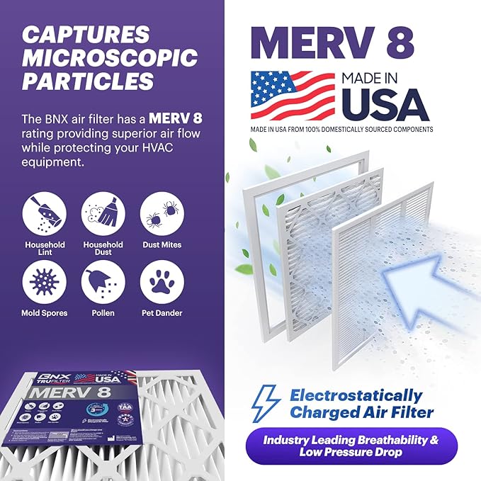 BNX TruFilter 16x20x1 Air Filter MERV 8 (12-Pack) - MADE IN USA – Dust & Pet Defense Electrostatic Pleated Air Conditioner HVAC AC Furnace Filters for Dust, Pet, Mold, Pollen MPR 600 – 700 & FPR 5