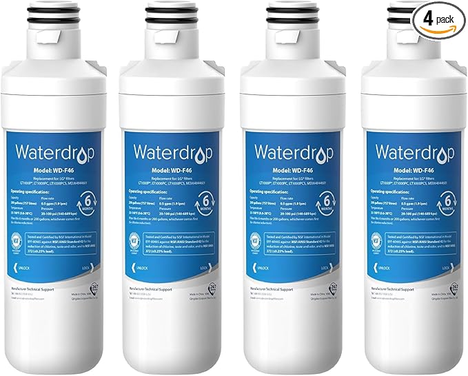 Waterdrop LT1000PC ADQ747935 MDJ64844601 Refrigerator Water Filter, Reduce chlorine, bad taste and odor, Replacement for LG® LT1000P®, ADQ74793501, ADQ74793502, Kenmore 46-9980, Pack of 4