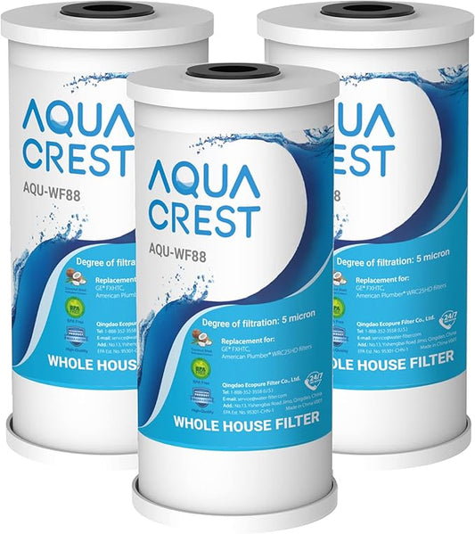AQUA CREST FXHTC Whole House Water Filter, Well Water Filter Replacement for GE® FXHTC, GXWH40L, American Plumber W10-PR, Culligan® RFC-BBSA, W10-BC, Carbon Filters, 5 Micron, Pack of 3