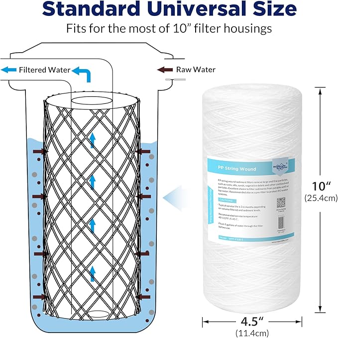 Membrane Solutions 5 Micron 10"x4.5" String Wound Whole House Water Filter Replacement Cartridge Universal Sediment Filters for Well Water - 3 Pack