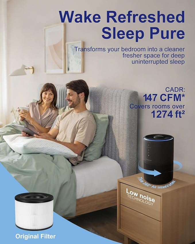 Air Purifiers for Home Large Room up to 1274-ft², Pet Hair Allergy, HEPA 3-in-1 air purifier, Low Power High Torque Motor, Sleep Mode, Removes Smoke, and Odor Pollutants. Airfresh-300（Black）