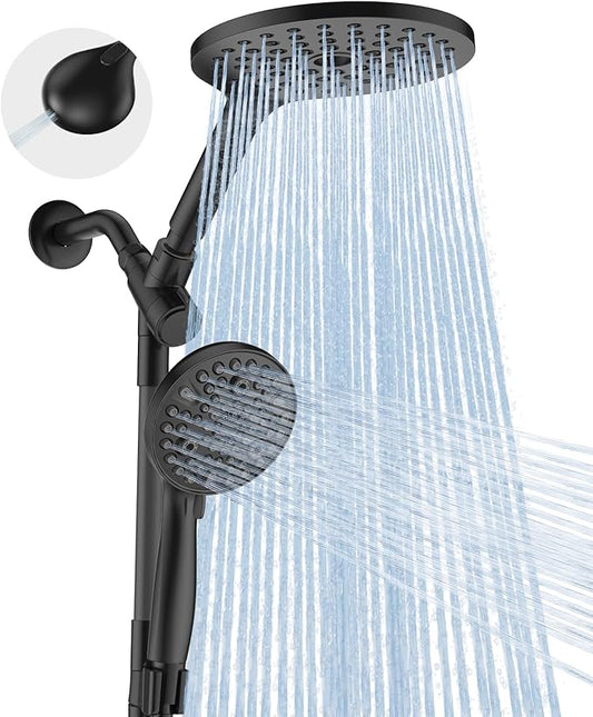Dual Handheld Shower Head Combo, 2-in-1 Rain Shower Heads System 8 Inch Rainfall Shower Head and 10 Modes High Pressure Hand Held Showerhead with Built-in Power Wash