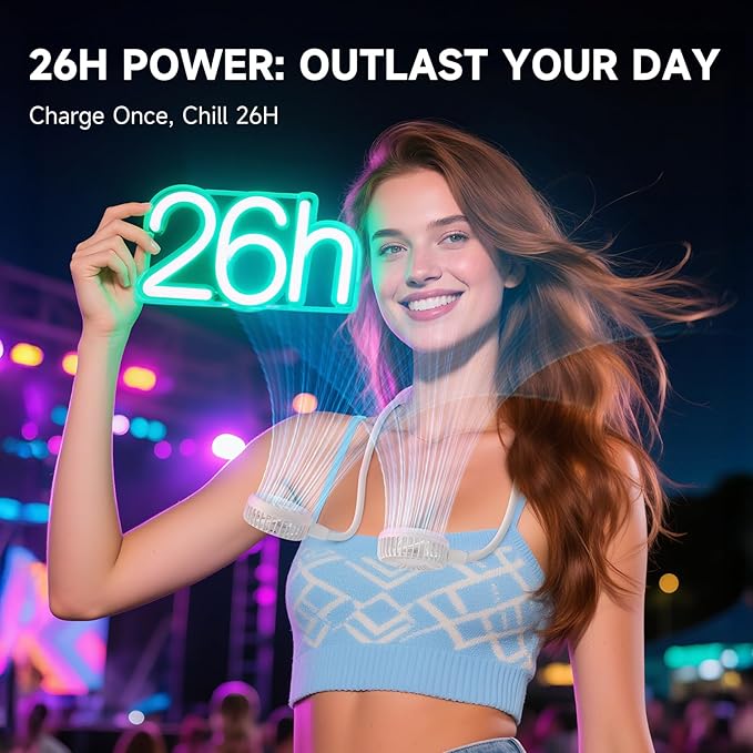 HandFan 5000mAh Neck Fan, 26H Longest Runtime - 6 Speeds Visible Blades Portable Fan, 360° Flex Neck for Gym Office Travel, Safety Grille & Hair Protection (White)