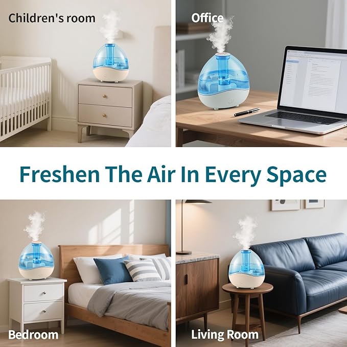 Cool Mist Humidifiers for Bedroom & Large Room (1.5L Water Tank) Quiet Ultrasonic Air Humidifier For Babies Nursery, Office, Indoor Plants & Whole House -Adjustable 360 Rotation Nozzle, Auto-Shut Off