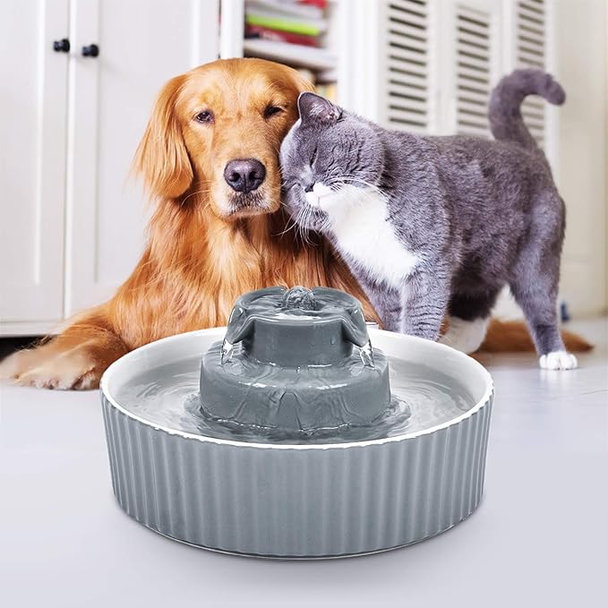 2.1L Ceramic Cat Water Fountain-for Cats and Dogs, 360 Ceramic Pet Fountain-70 Oz Large Water Capacity - Whisper-Quiet Water Flow-Great for Shy or Timid Pets - Fresh, Filtered Water (Grey)