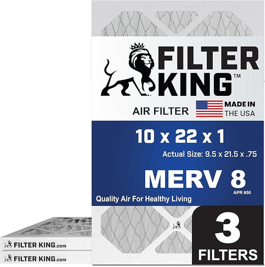 Filter King 10x22x1 Air Filter | 3-PACK | MERV 8 HVAC Pleated A/C Furnace Filters | MADE IN USA | Actual Size: 9.5 x 21.5 x .75"