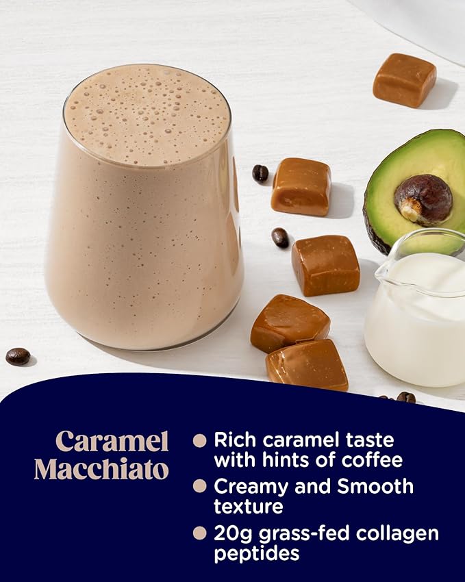 Enchant Collagen Protein Shake powder, Caramel Macchiato flavor – 20g Grass Fed Collagen Peptides, Avocado Oil Creamer, source of Omega 9 Fats + Fiber, for Joints, Muscle, Skin, Hair support, 0.80 lb