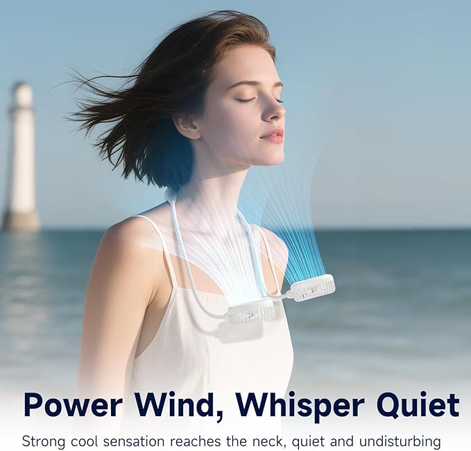 HandFan 5000mAh Neck Fan, 26H Longest Runtime - 6 Speeds Visible Blades Portable Fan, 360° Flex Neck for Gym Office Travel, Safety Grille & Hair Protection (White)