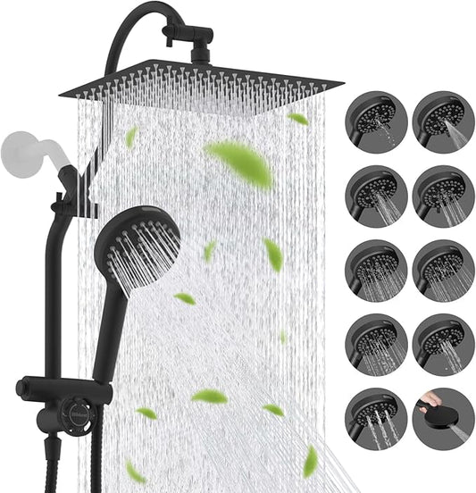 Hibbent Upgraded All Metal 12" Rainfall Showerhead Combo, High Pressure Shower Head with 10-Spray Mode Handheld, 4-way Diverter with Pause Mode, 71'' Shower Hose and Handheld Holder, Matte Black
