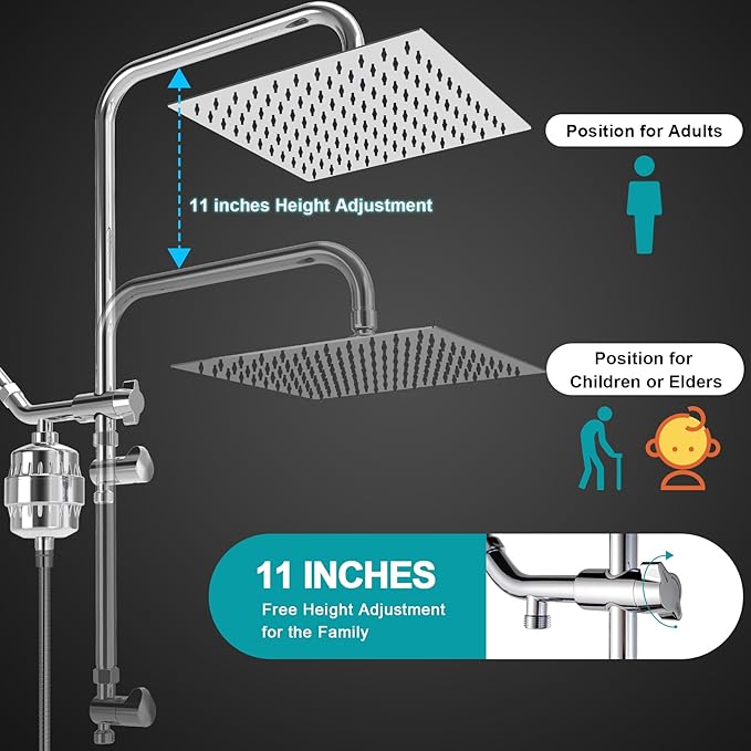 Dual Shower Head with Filter Combo,Stainless Steel 10in Rainfall Showerhead with 10in Height Adjustable Slide Bar&3-Way Diverter,Handheld Shower Head with On Off Switch&Adhesive Shower Holder