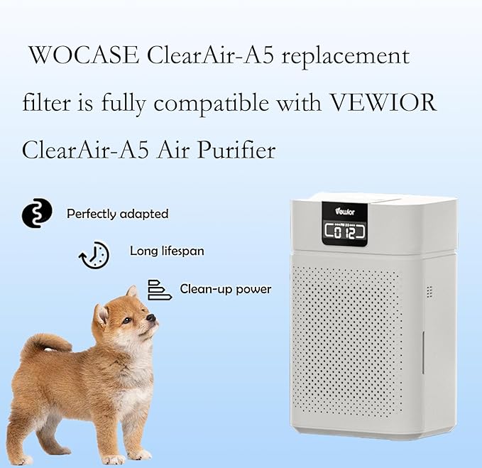 2 Packs ClearAir-A5 Pet Filter Compatible with Vewior ClearAir-A5 A5 Air Cleaner Purifier,3-in-1 Filter of H13 True HEPA+Activated Carbon Filter+Pre-Filter