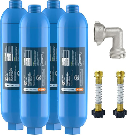 CRYSTALA RV/Camper Water Filter, Inline Water Filter Effectively Reduces Bad Taste, Odors, Chlorine and Sediment for RVs and Marines, 4 Pack Filter with 2 Flexible Hose Protector