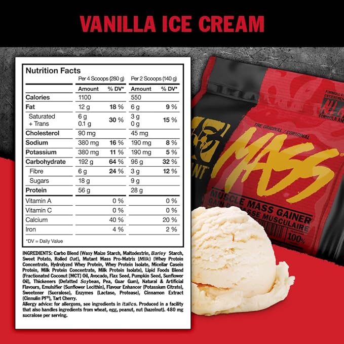 Mutant Mass Weight Gainer Protein Powder – Build Muscle Size and Strength with 1100 Calories – 56 g Protein – 26.1 g EAAs – 12.2 g of BCAAs – 15 lbs with 24 Servings – Cookies & Cream