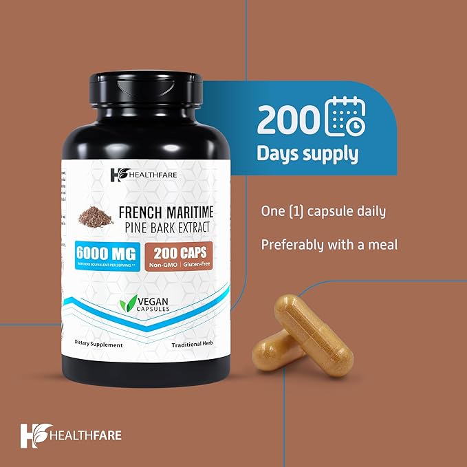 French Maritime Pine Bark Extract 6000mg | 200 Vegan Capsules | 95% Proanthocyanidins | Non-GMO | Gluten-Free | Made in The USA
