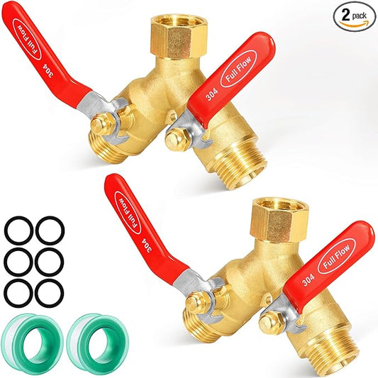 Garden hose diverter, full-flow, heavy-duty brass 2-way high flow, outdoor faucet Y-valve closure diverter connector, garden hose high-flow diverter adapter. (2-Way Full Flow 2PCS)