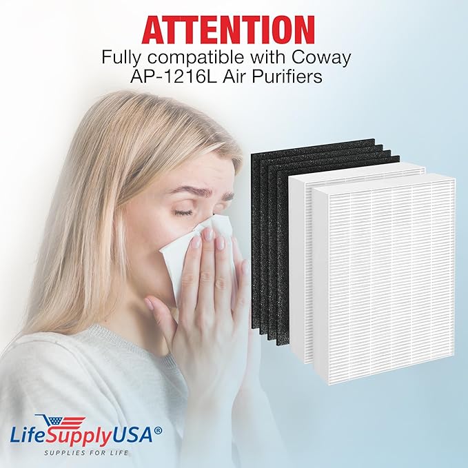 LifeSupplyUSA Complete Replacement Filter Set (2 True HEPA Air Cleaner Replacement Filter + 4 Carbon Filters) Compatible with Coway AP-1216L Air Purifiers
