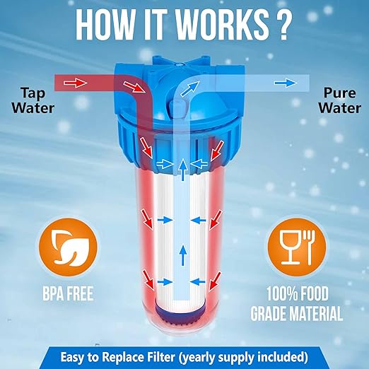 10 Inches Transparent Standard Whole House Water Filter System with Presser Relief Valve, 3/4” Inlet/Outlet Brass Port and Yearly Supply 3 Granular Activated Carbon Cartridges