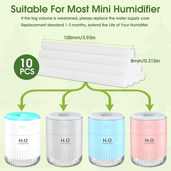 10 Pieces Humidifier Sticks Filter，Replacement Wick Humidifiers Filter Sticks, Humidifier Sticks Cotton Filter Refill Sticks Filter Replacement Parts for KARFUN 350ml Mini Humidifier
