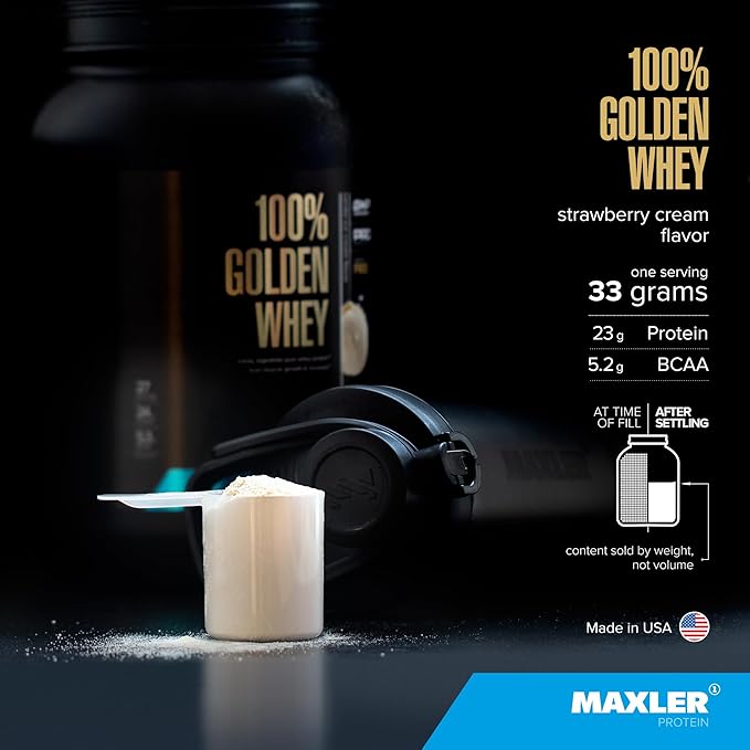 Maxler 100% Golden Whey Protein - 23g of Protein per Serving - Premium Whey Protein Powder for Pre Post Workout - Fast-Absorbing Whey Concentrate, Isolate & Hydrolysate Blend - Strawberry Cream 2 lb