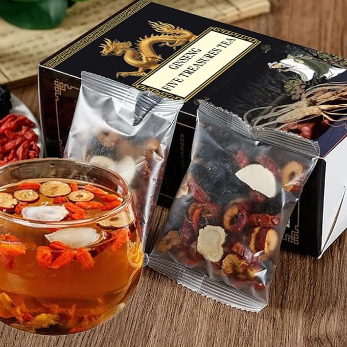 Ginseng Five Treasures Tea, kidney tea formula ginseng six treasure, Pure Chinese Herbal Medicine liver care, 5 Precious Ingredients Formula (1pc)