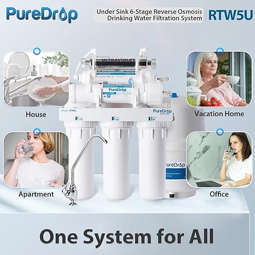 RTW5U Reverse Osmosis Water Filter System with UV Filter, Ultraviolet TDS Reduction RO Water Filtration System, 6-Stage Under Sink Water Filter with Faucet Plus Extra 3 Filters, 50 GPD, White