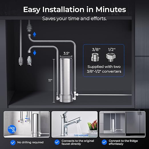 Waterdrop AP13 Under Sink Water Filter and Refrigerator Water Filter 2-in-1, Inline Water Filter System for Refrigerator and Undersink, No Drilling Required, Reduce PFOA/PFOS, NSF/ANSI 42 Certified