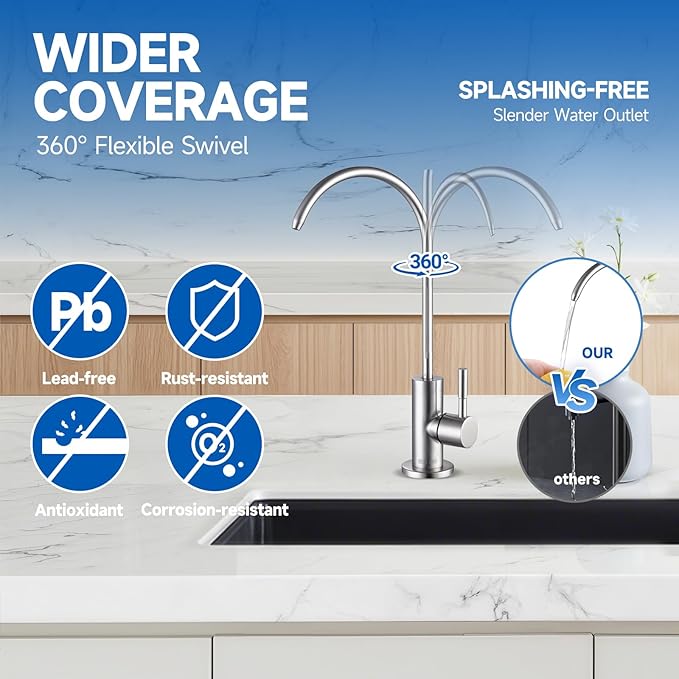 Drinking Water Faucet, Kitchen Water Filter Faucet Stainless Steel for Reverse Osmosis or Water Filtration System, Beverage Non-Air Gap RO Faucet Brushed Nickel Finish