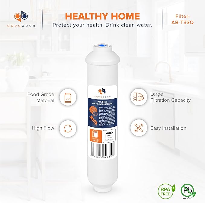 Aquaboon T33 Inline Post Activated Carbon Water Filter for Refrigerator, Ice Maker w/Quick Connect for 1/4 Water Line Compatible with ICF-10, 25-Pack