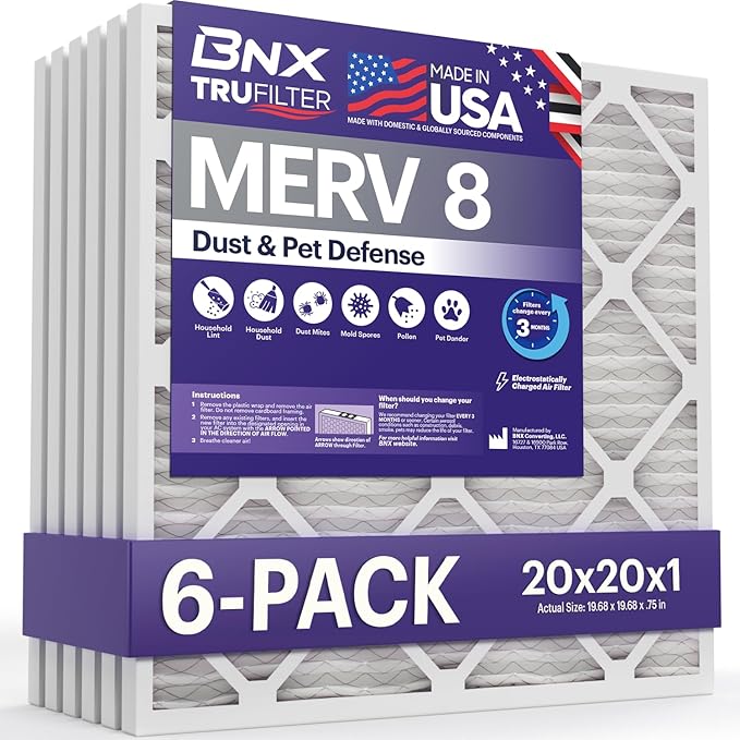 BNX TruFilter 20x20x1 Air Filter MERV 8 (6-Pack) - MADE IN USA – Dust & Pet Defense Electrostatic Pleated Air Conditioner HVAC AC Furnace Filters for Dust, Pet, Mold, Pollen MPR 600 – 700 & FPR 5