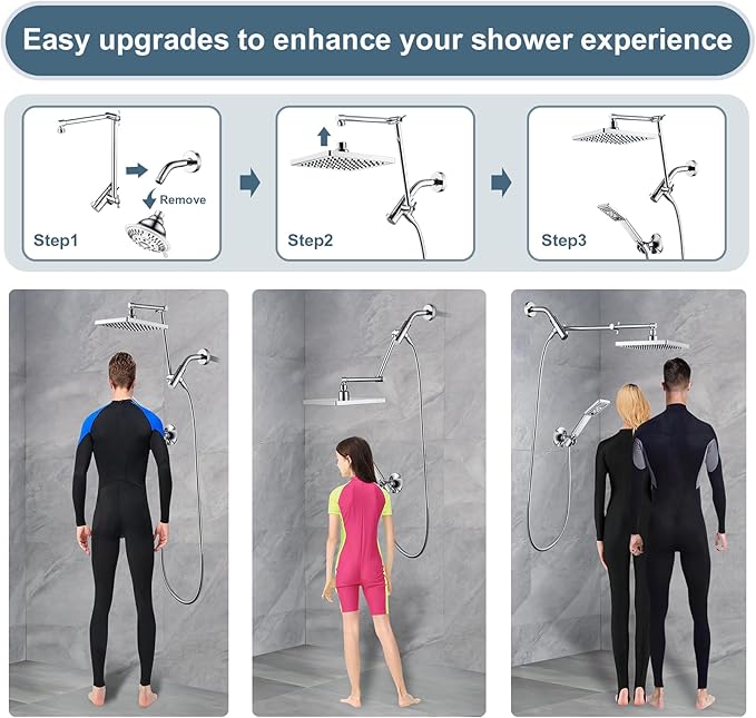 BRIGHT SHOWERS High Pressure Rain Shower Head Combo with Double Extension Arm, 8 Inch Rainfall Shower Head with Handheld Spray, Height Adjustable Dual Square Showerhead Set, Chrome