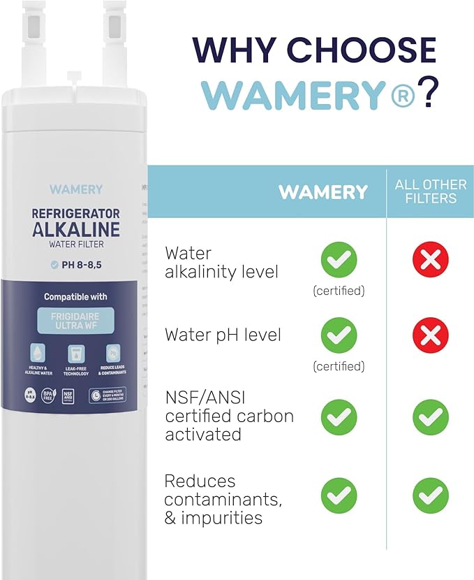 Wamery Alkaline Refrigerator Water Filter Replacement - Model ULTRAWF, 6-Month/300-Gallon Life, Twist-In Tool-Free Install, IAPMO to NSF/ANSI 42, Leak-Free Seal, BPA-Free Housing, 1 Pack