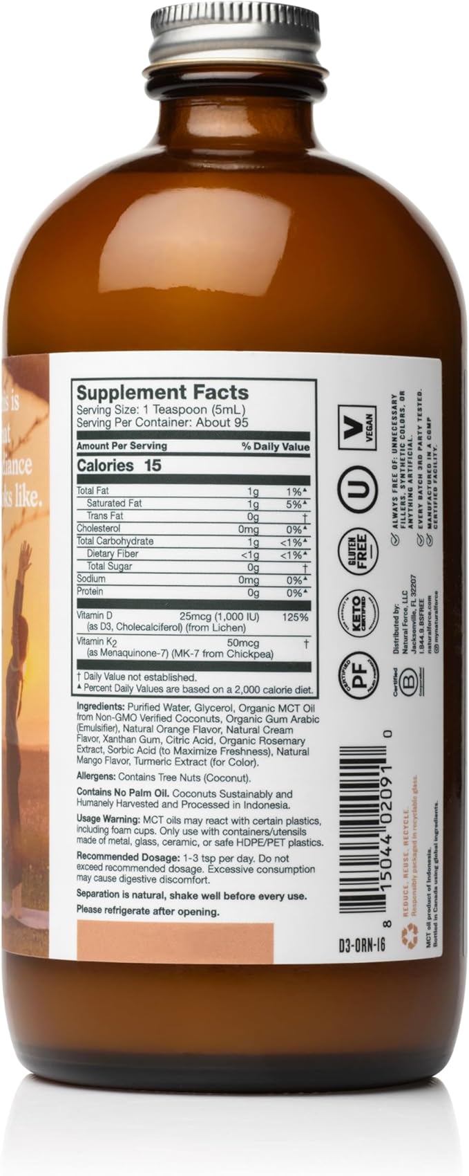 Natural Force Pure Vitamin D – Liquid D3 & K2 with Coconut MCT –1,000 IU, Immunity & Nutrient Absorption Booster- Vegan - Orange Cream, 16 fl oz