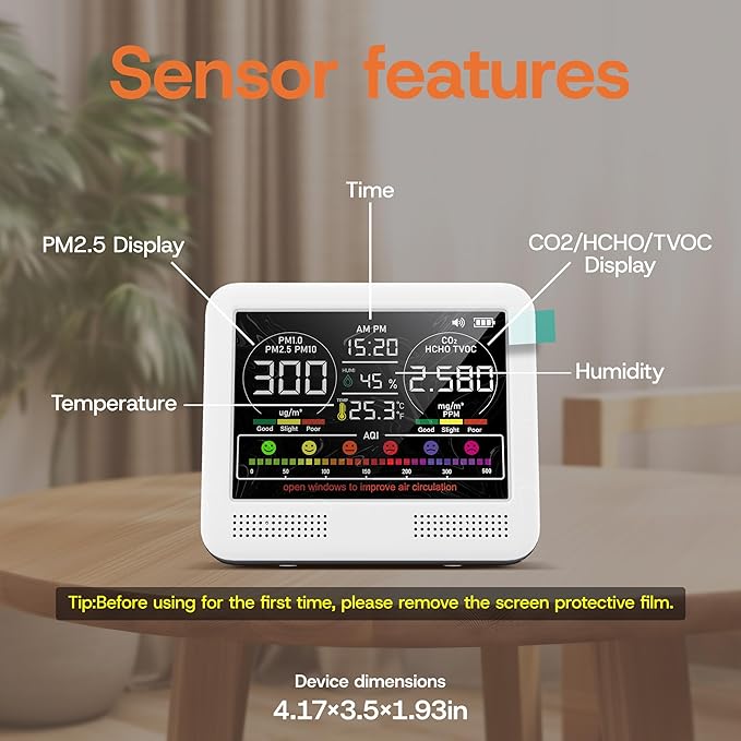 16-in-1 Indoor Air Quality Monitor with PM1.0,PM2.5,PM10,CO2,HCHO,TVOC,Temperature,Humidity,Time Display &7 AQI Alarms – Professional Air Quality Tester for Home, Office & Indoor Use (Creamy White)