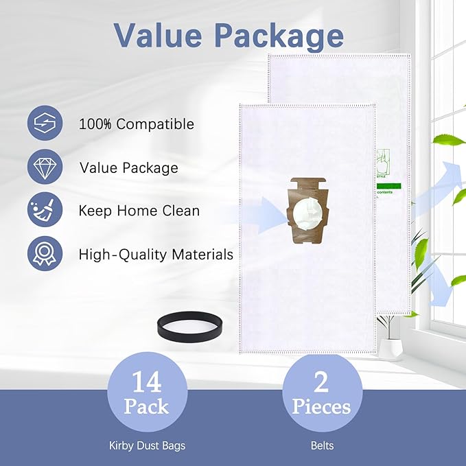16 +2 Pack 204814 Micron Magic HEPA Filter Bags plus Belts Compatible with Kirby Part 205811 204814 204811 Universal Cloth Bags and All Kirby Sentria Vacuum G Series, Avalir Models