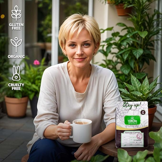 Tonomi Stay Up! Dark Roast Ground Coffee - All Natural Blend with Hint of Vanilla, Chocolate & Caramel - Coarse Grounds for Cold Brew or Traditional Brewing - Caffeine Packed, 12oz