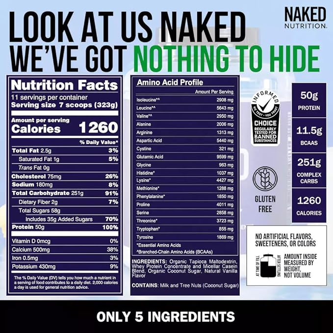 NAKED Vanilla Mass - All Natural Vanilla Weight Gainer Protein Powder - 8lb Bulk, GMO Free, Gluten Free & Soy Free, No Artificial Ingredients - 1,260 Calories - 11 Servings