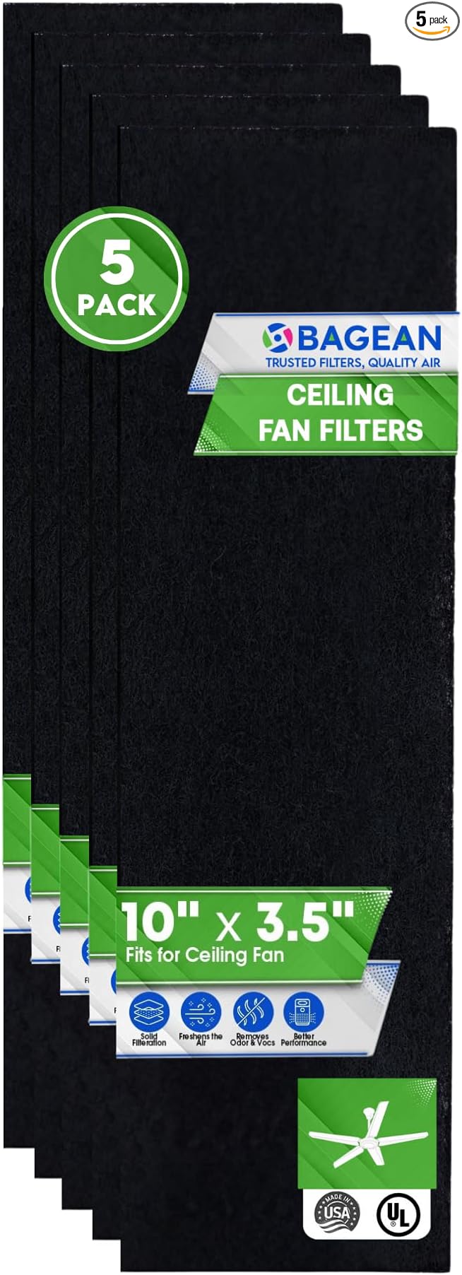 Ceiling Fan Filters for Blades - Coconut Shell Activated Carbon Unscented Dust Catcher Ceiling Fan Filter - Easy Peel & Stick on Fans - Blade Air Purifier Pads Absorbs Odors & Freshens the Air (5-Pcs)