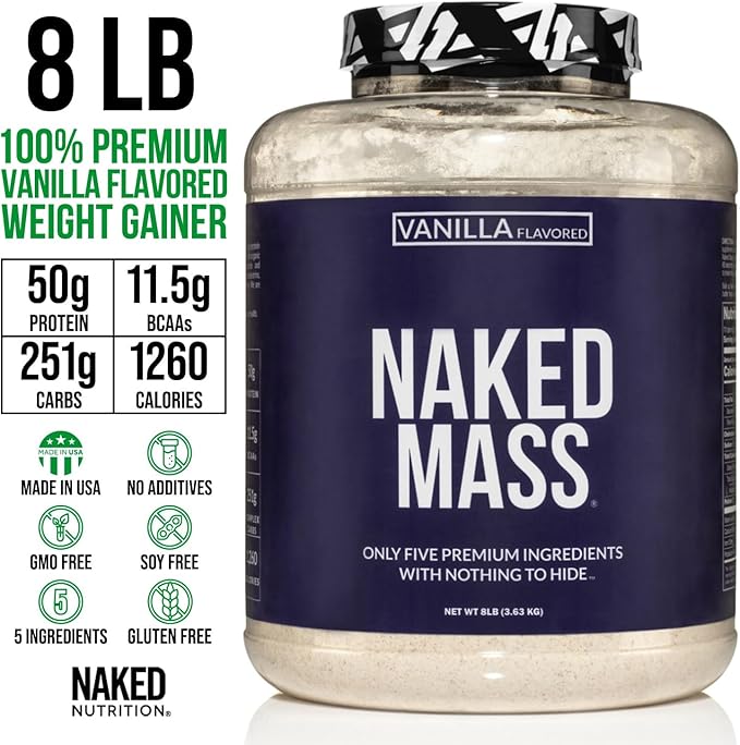 NAKED Vanilla Mass - All Natural Vanilla Weight Gainer Protein Powder - 8lb Bulk, GMO Free, Gluten Free & Soy Free, No Artificial Ingredients - 1,260 Calories - 11 Servings