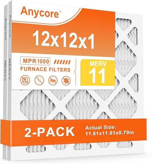 12x12x1 AC Furnace Air Filter MERV 11 (2 Pack) MPR 1000 FPR 7 HVAC Pleated Filters for Home (exact dimensions 11.81x11.81x0.79 inches)